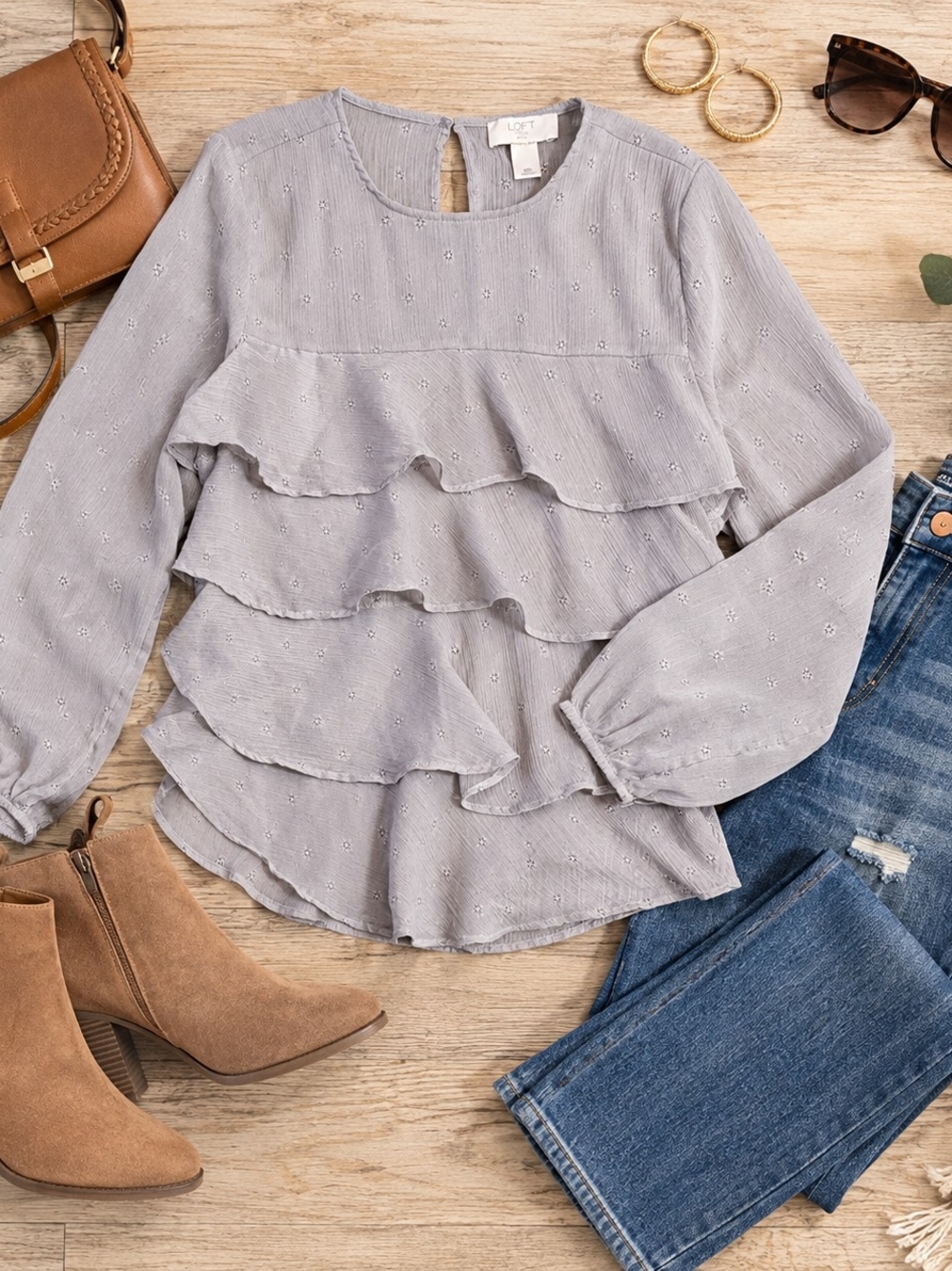 LOFT Light Gray Tiered Ruffle Blouse